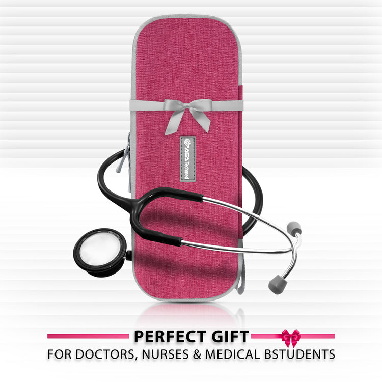 A promotional image of the closed pink and gray case decorated with a gray ribbon and bow. A stethoscope is draped around it, and text at the bottom reads: "PERFECT GIFT FOR DOCTORS, NURSES & MEDICAL BSTUDENTS" (sic).
