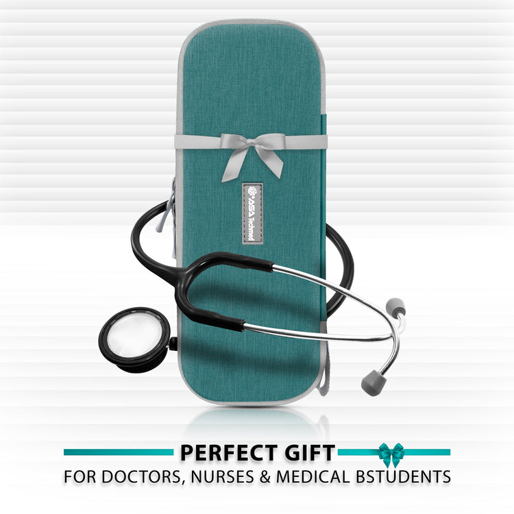 A promotional image of the closed teal and gray case decorated with a gray ribbon and bow. A stethoscope is draped around it, and text at the bottom reads: "PERFECT GIFT FOR DOCTORS, NURSES & MEDICAL BSTUDENTS" (sic).