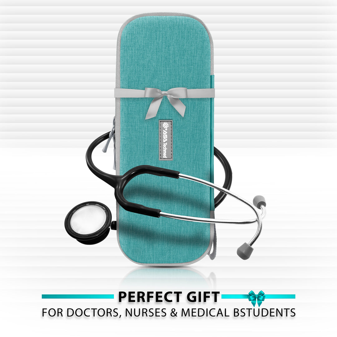 A promotional image of the closed turquoise and gray case decorated with a gray ribbon and bow. A stethoscope is draped around it, and text at the bottom reads: "PERFECT GIFT FOR DOCTORS, NURSES & MEDICAL BSTUDENTS" (sic).