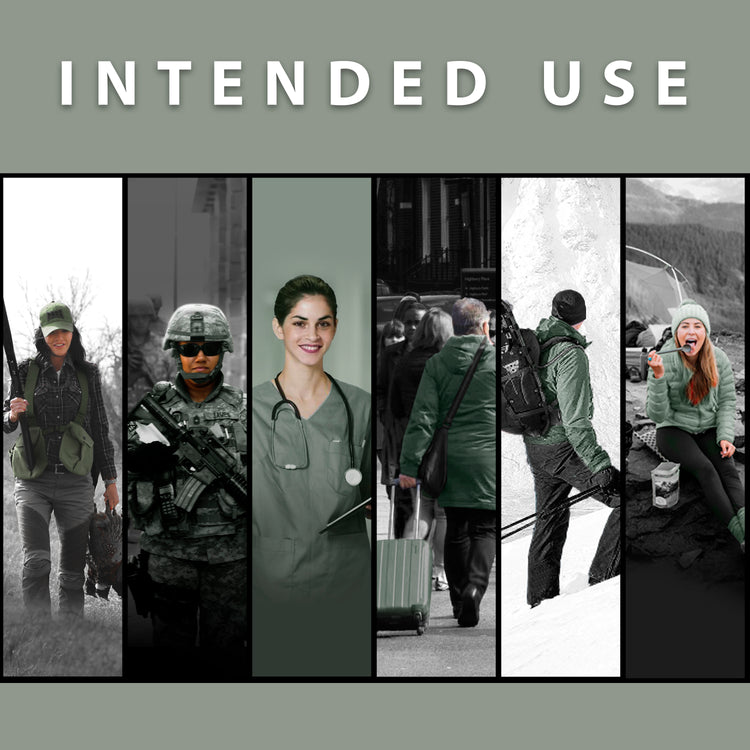 A banner image titled "INTENDED USE" featuring a collage of five vertical photo strips representing potential users. From left to right, the strips show: a hunter carrying a rifle, a soldier in combat gear, a medical professional with a stethoscope, travelers with luggage in a city, and a hiker eating a meal outdoors.