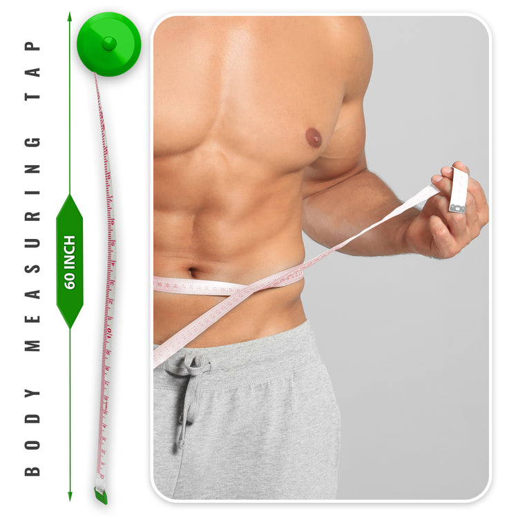 A green circular retractable body measuring tape shown next to a model measuring their waist. The graphic indicates the tape has a maximum length of 60 inches.