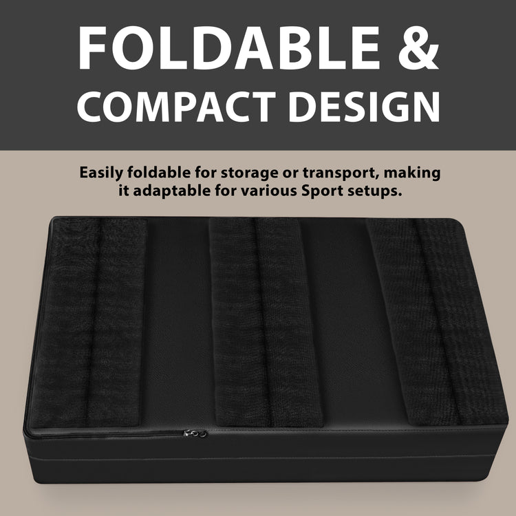A black wall pad shown folded flat on the ground, displaying the back side with three wide black hook-and-loop strips for mounting, with text highlighting the "FOLDABLE & COMPACT DESIGN".