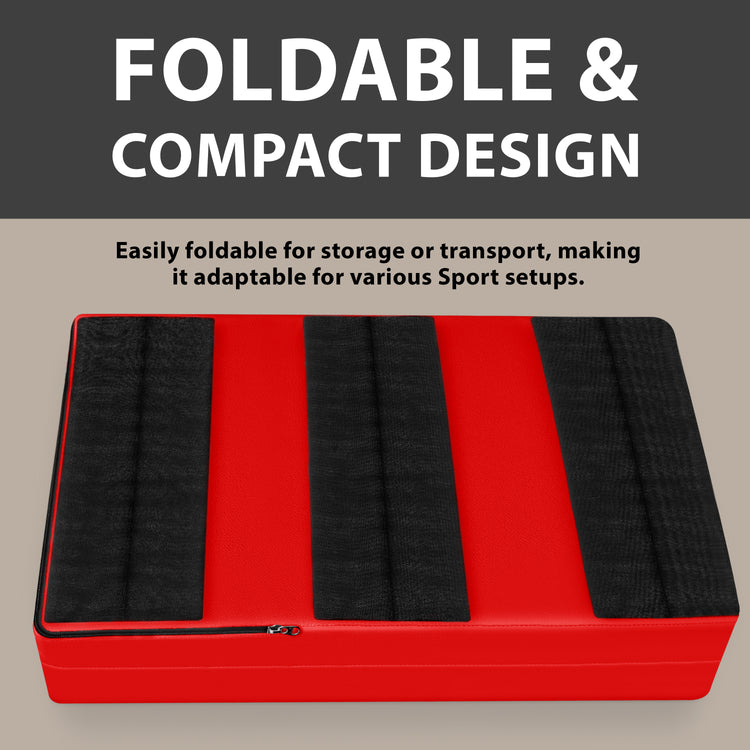 A red wall pad shown folded flat on the ground, displaying the back side with three wide black hook-and-loop strips for mounting, with text highlighting the "FOLDABLE & COMPACT DESIGN".