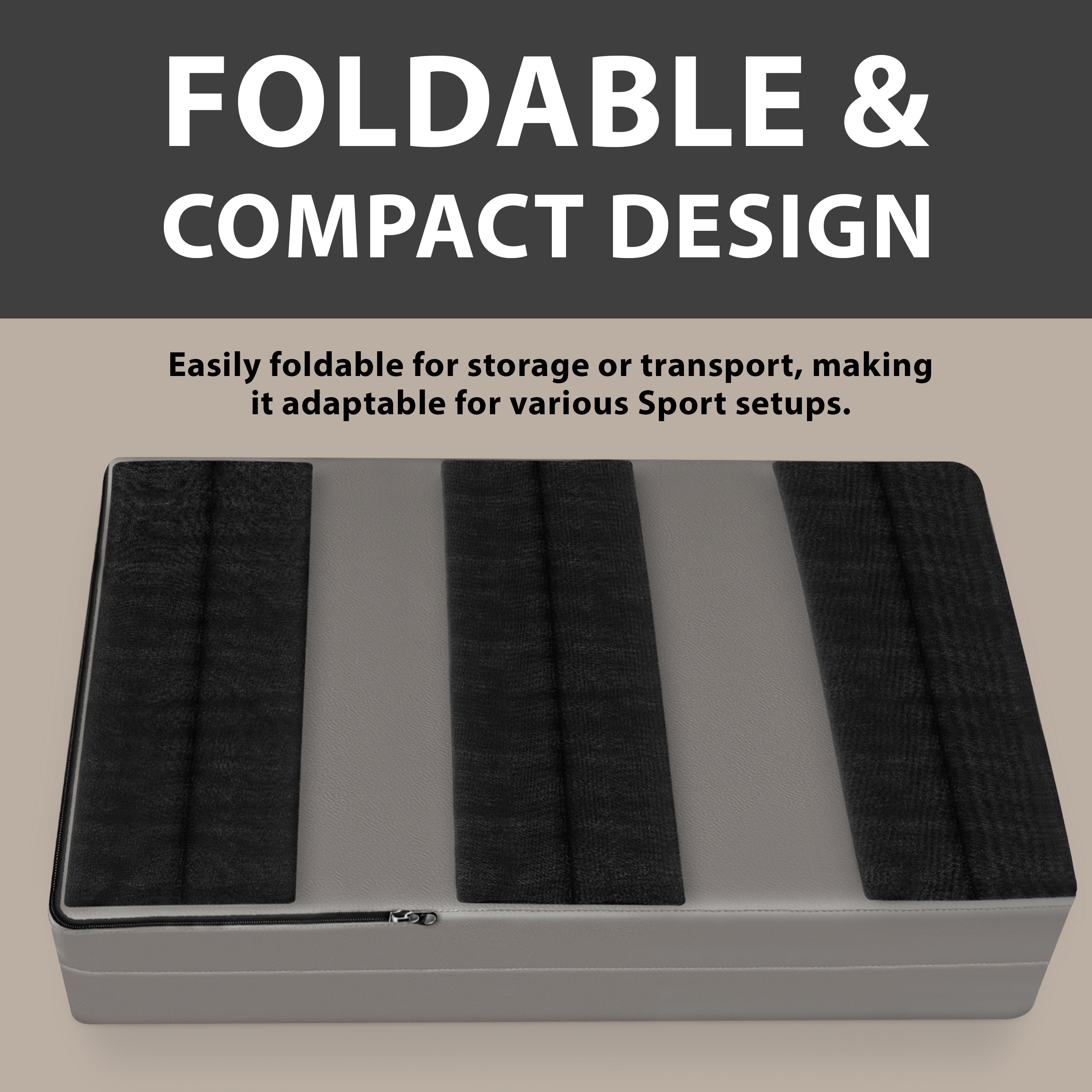 A gray wall pad shown folded flat on the ground, displaying the back side with three wide black hook-and-loop strips for mounting, with text highlighting the "FOLDABLE & COMPACT DESIGN".