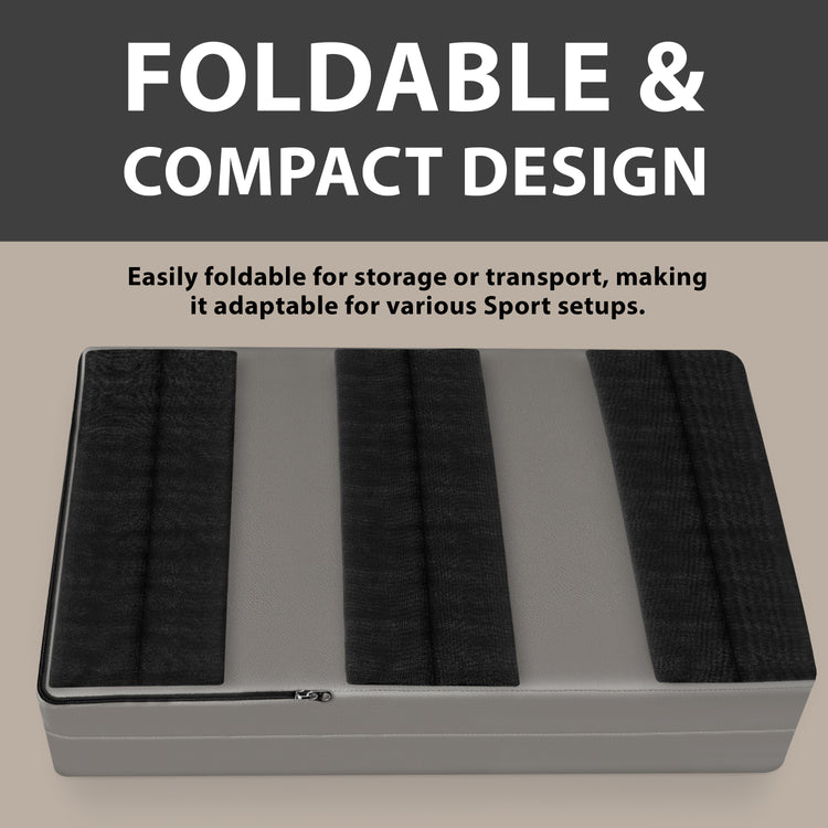A gray wall pad shown folded flat on the ground, displaying the back side with three wide black hook-and-loop strips for mounting, with text highlighting the "FOLDABLE & COMPACT DESIGN".