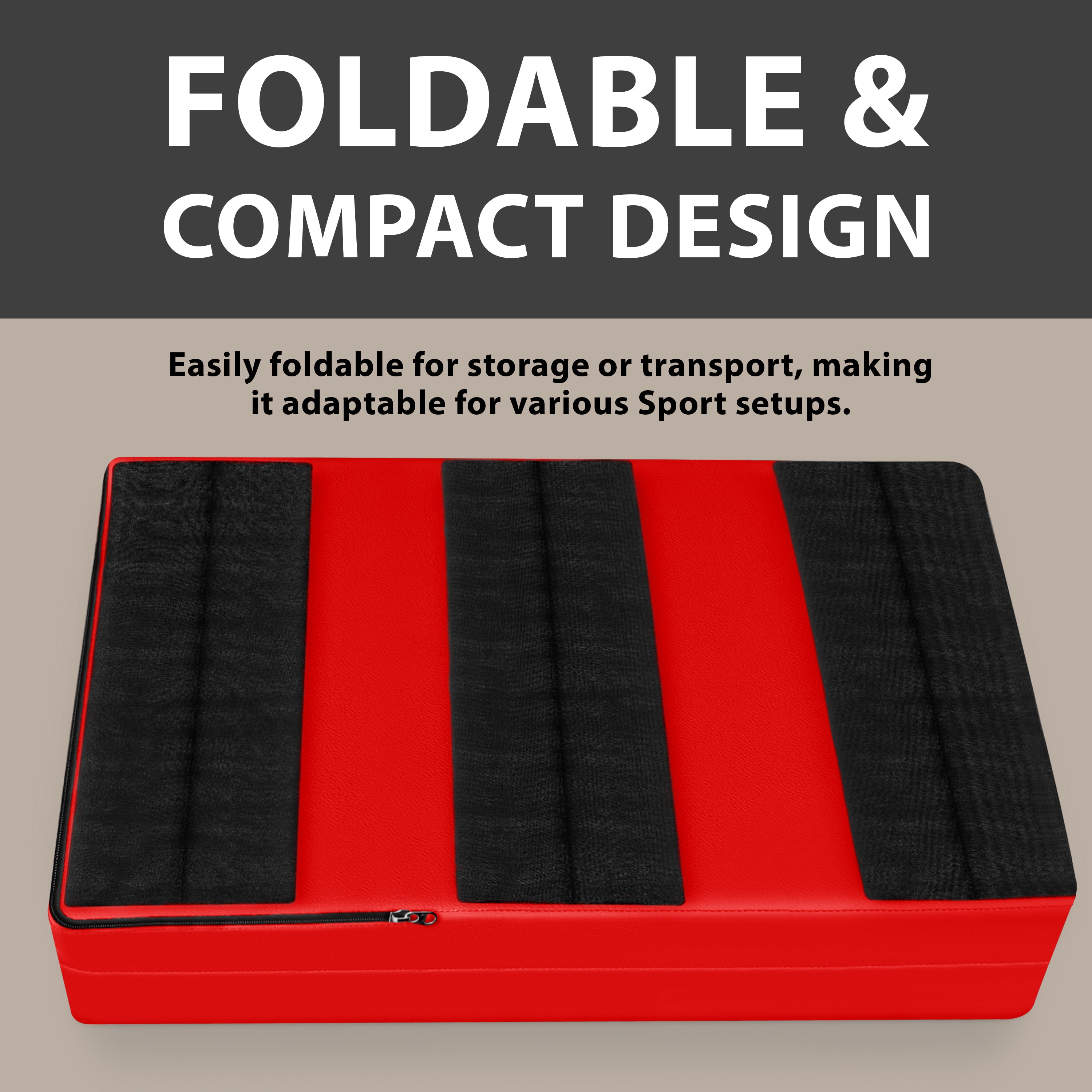 A red wall pad shown folded flat on the ground, displaying the back side with three wide black hook-and-loop strips for mounting, with text highlighting the "FOLDABLE & COMPACT DESIGN".