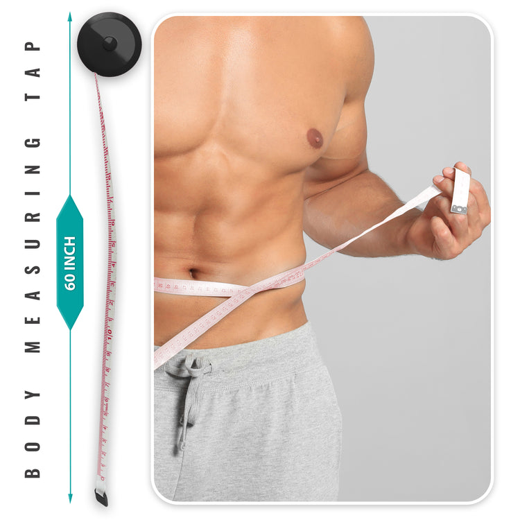 A black circular retractable body measuring tape shown next to a model measuring their waist. The graphic indicates the tape has a maximum length of 60 inches.