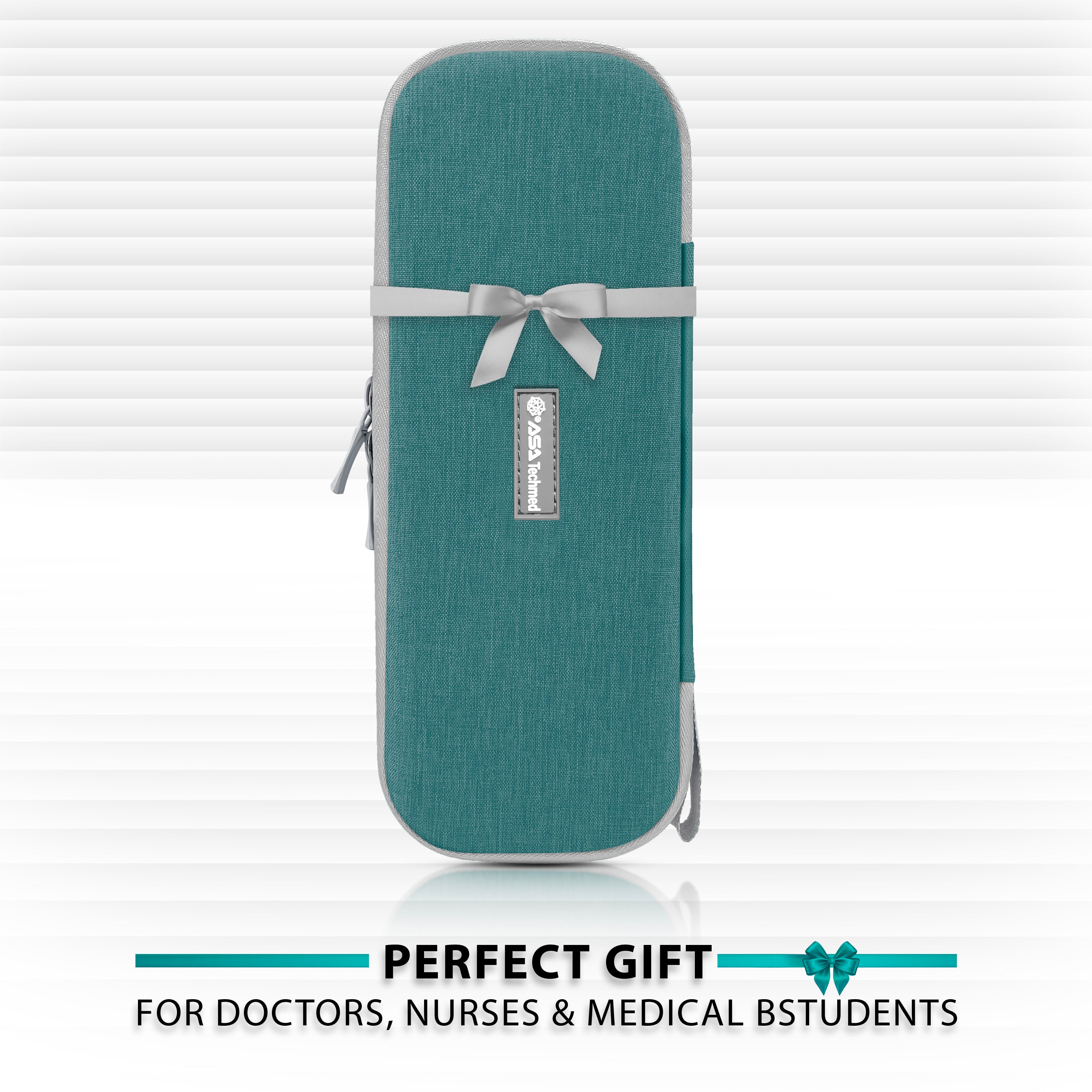 Closed teal medical case with a gray ribbon tied in a bow. Text below reads: Perfect Gift for doctors, nurses & medical students.