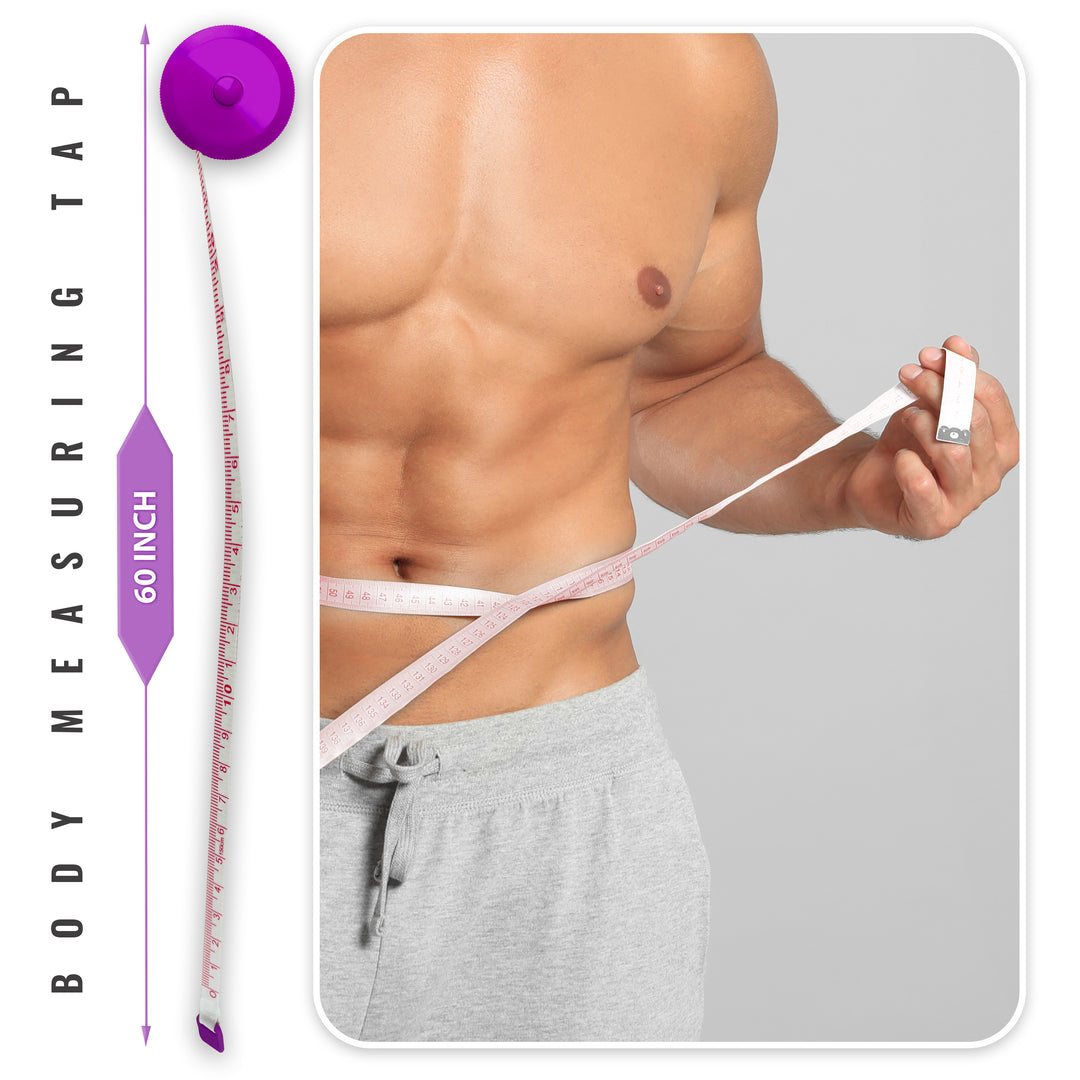A purple circular retractable body measuring tape shown next to a model measuring their waist. The graphic indicates the tape has a maximum length of 60 inches.