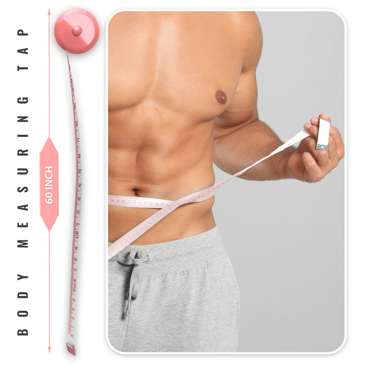 A pink circular retractable body measuring tape shown next to a model measuring their waist. The graphic indicates the tape has a maximum length of 60 inches.