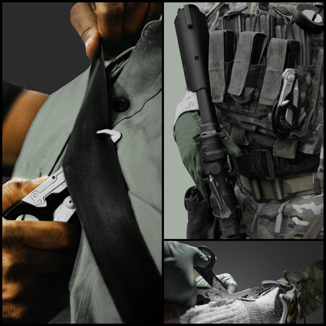 Action images showing shears cutting fabric and stored on a tactical MOLLE vest.