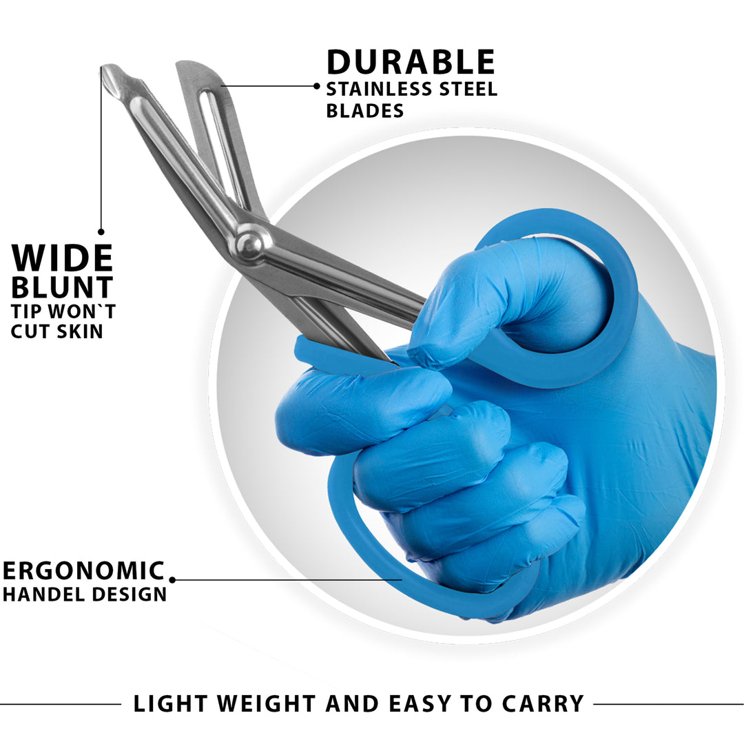 A graphic featuring a hand in a blue medical glove gripping a pair of trauma shears with bright sea breeze handles. Lines point to specific features with descriptive text: the "wide blunt tip" that won't cut skin, the "durable stainless steel blades," and the "ergonomic handle design." Text across the bottom reads, "Light weight and easy to carry."