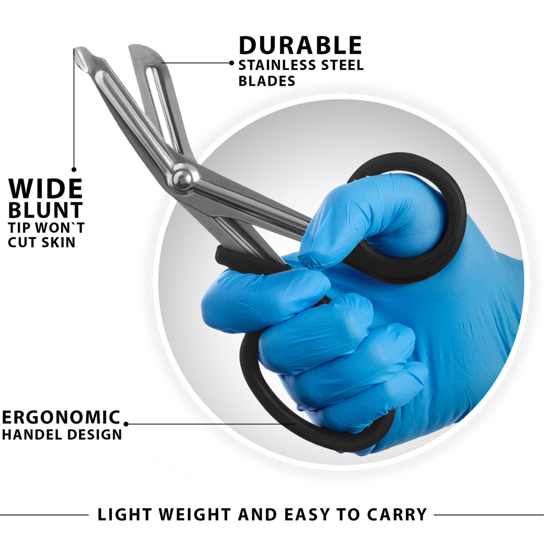 A graphic featuring a hand in a blue medical glove gripping a pair of trauma shears with bright black handles. Lines point to specific features with descriptive text: the "wide blunt tip" that won't cut skin, the "durable stainless steel blades," and the "ergonomic handle design." Text across the bottom reads, "Light weight and easy to carry."