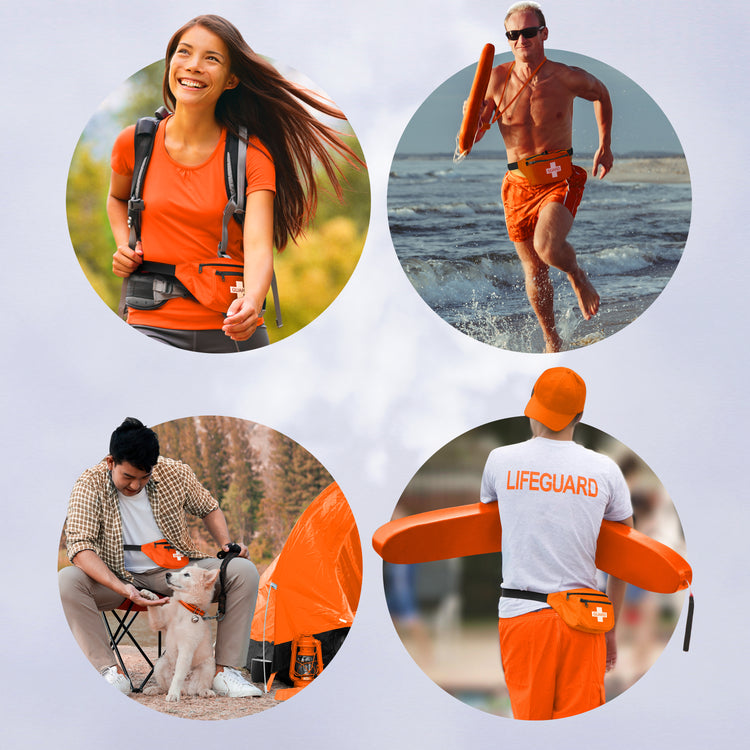 A four-panel collage demonstrating the versatility of the orange waist pack, showing it worn by a hiker, a lifeguard running on the beach, a camper with a dog, and a lifeguard walking on patrol.