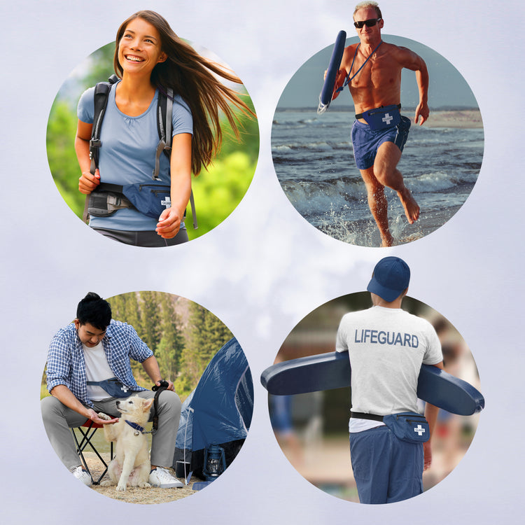 A four-panel collage demonstrating the versatility of the blue waist pack, showing it worn by a hiker, a lifeguard running on the beach, a camper with a dog, and a lifeguard walking on patrol.