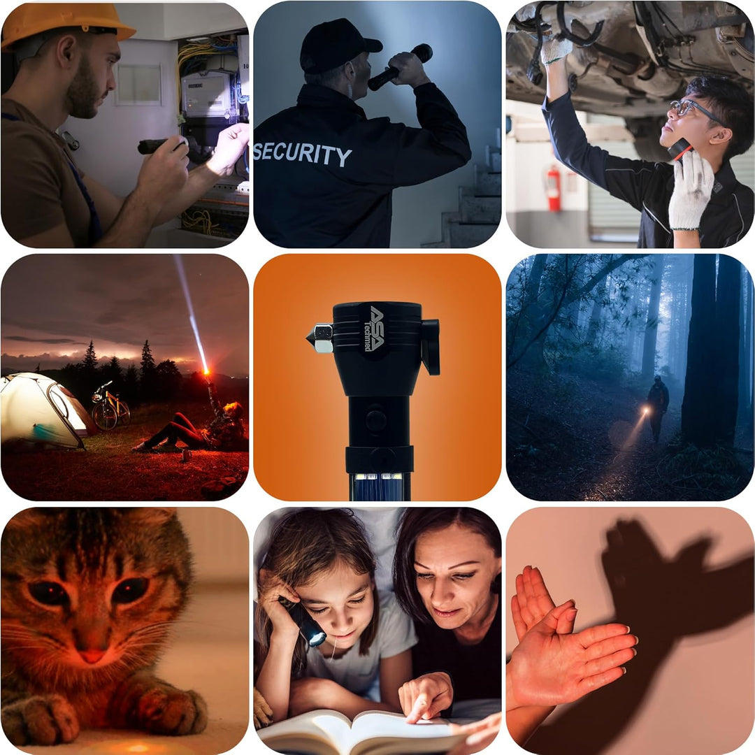 A 3x3 grid of images illustrating various use cases for the tactical flashlight. Scenes include: a construction worker using the light for electrical work; a security guard patrolling; a mechanic working under a car; a person camping in the mountains; a close-up of the flashlight head; a person walking through a foggy forest; a close-up of a cat; a woman reading to a child by flashlight; and hands making shadow puppets.