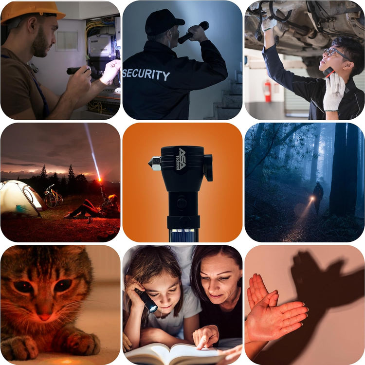 A 3x3 grid of images illustrating various use cases for the tactical flashlight. Scenes include: a construction worker using the light for electrical work; a security guard patrolling; a mechanic working under a car; a person camping in the mountains; a close-up of the flashlight head; a person walking through a foggy forest; a close-up of a cat; a woman reading to a child by flashlight; and hands making shadow puppets.