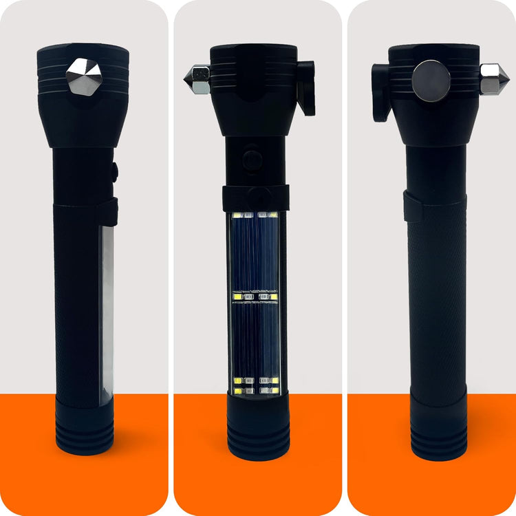 A three-panel image showing different views of the black tactical flashlight. From left to right: (1) Head-on view of the reflective glass-breaking hammer end and side light panel; (2) The flashlight showing the ASA Techmed logo, solar panels, and the integrated seat belt cutter/hammer; (3) The reverse side of the flashlight showing the textured grip, the seat belt cutter, and hammer.