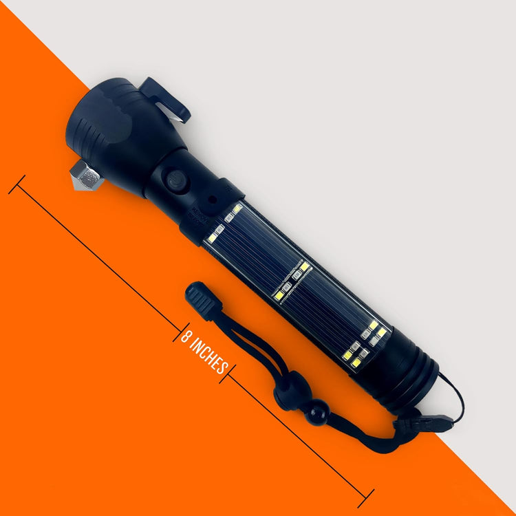 A black tactical flashlight, branded "ASA Techmed," shown against an orange and gray background, with a scale indicating its length is "20 Inch."