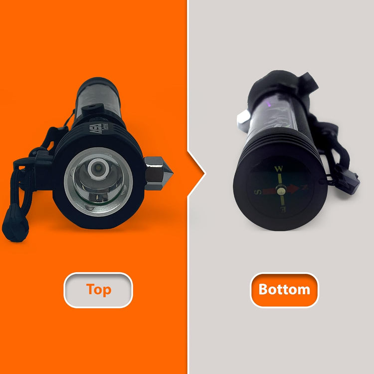 A split image showing the top and bottom of the black tactical flashlight. The left side ("Top") shows the main flashlight beam lens, the glass breaker, and the seatbelt cutter. The right side ("Bottom") shows the base of the flashlight, which features an integrated compass.
