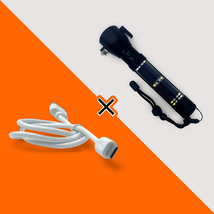 An image contrasting the black tactical flashlight with a coiled white USB charging cable (Micro-USB or similar connector), suggesting it is rechargeable via cable as well as solar power. The background is diagonally split orange and gray.