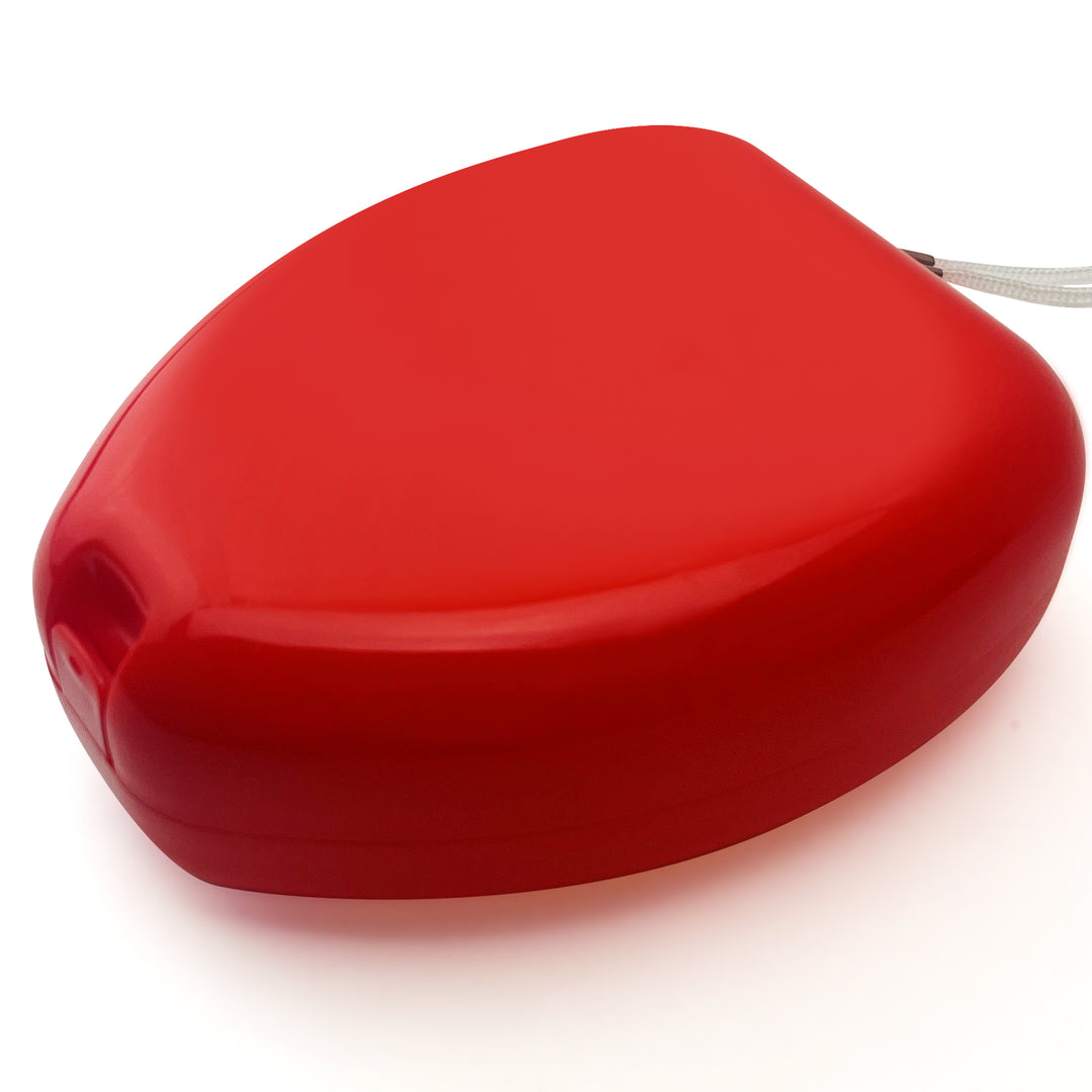 A closed, red, hard-plastic protective case for a CPR mask with a smooth, rounded shape.