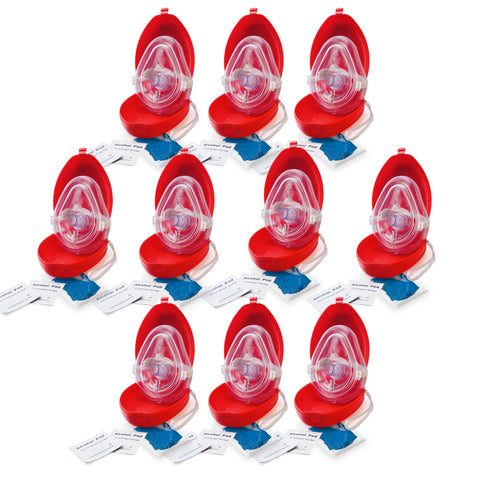 CPR Rescue Mask, Adult/Child Pocket Resuscitator in Hard Case with Wrist Strap, Gloves, and Wipes Red 10-Pack CPR Masks