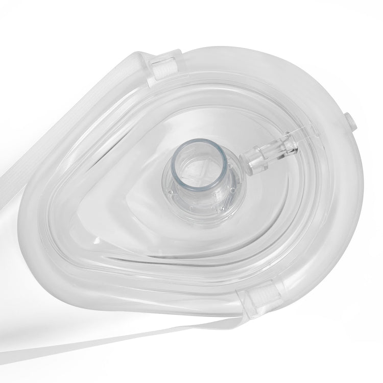 An annotated diagram of a clear CPR mask highlighting three key features: a one-way valve to reduce cross-infection, an elastic strap for a secure fit, and air-cushioned edges for patient comfort.