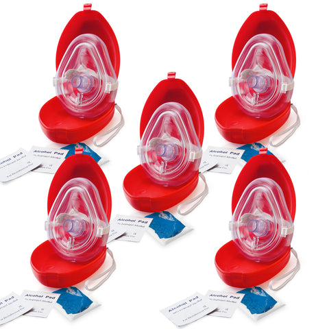 CPR Rescue Mask, Adult/Child Pocket Resuscitator in Hard Case with Wrist Strap, Gloves, and Wipes Red 5-Pack CPR Masks