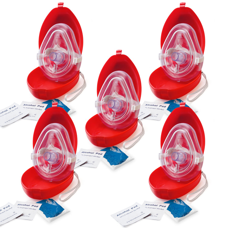 A set of five CPR rescue mask kits arranged in a group, with each kit opened to show the mask, alcohol pads, and gloves.