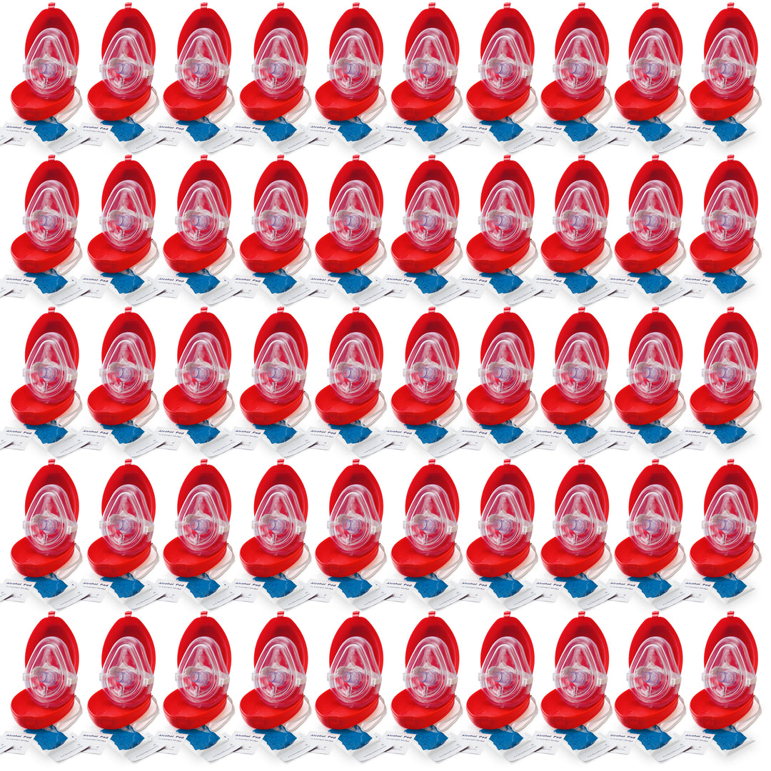 A bulk display of 50 individual CPR rescue mask kits arranged in a grid. Each unit features an open red hard-shell case containing a clear CPR mask, accompanied by two alcohol prep pad packets and a small bag containing blue gloves.