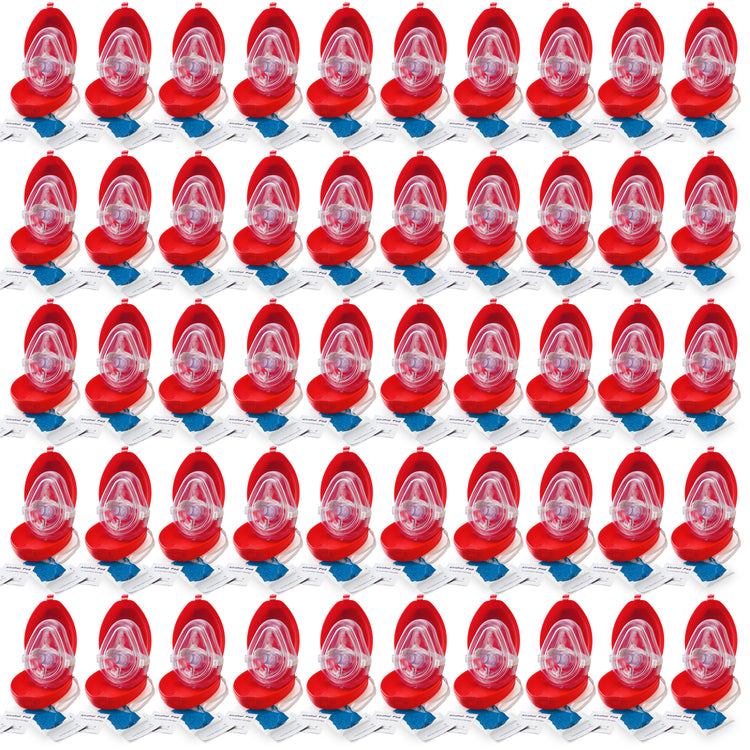 A bulk display of 50 individual CPR rescue mask kits arranged in a grid. Each unit features an open red hard-shell case containing a clear CPR mask, accompanied by two alcohol prep pad packets and a small bag containing blue gloves.