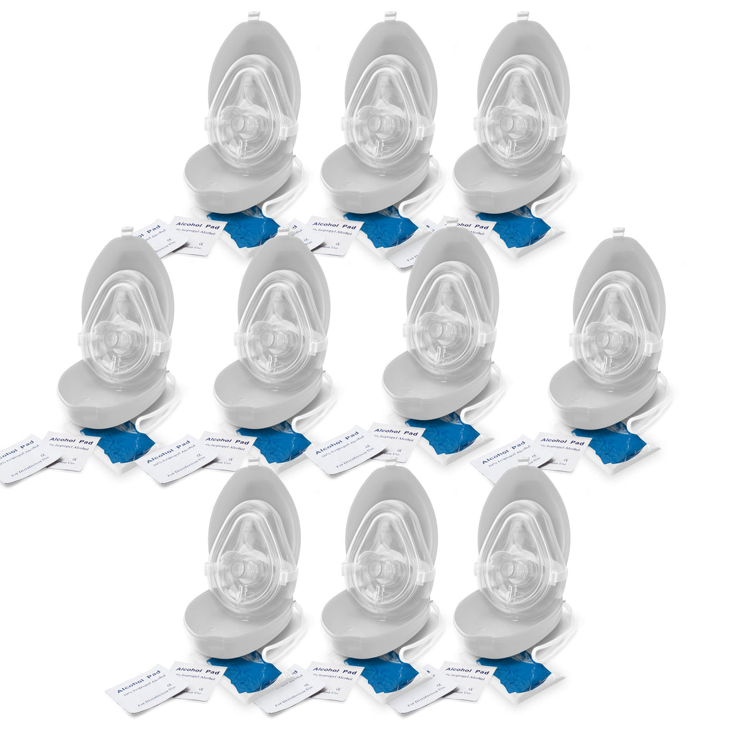 A set of ten CPR rescue mask kits arranged in a group, with each kit opened to show the mask, alcohol pads, and gloves.
