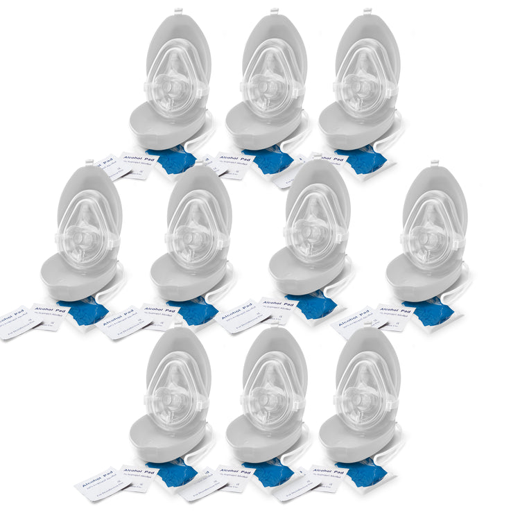 A set of ten CPR rescue mask kits arranged in a group, with each kit opened to show the mask, alcohol pads, and gloves.