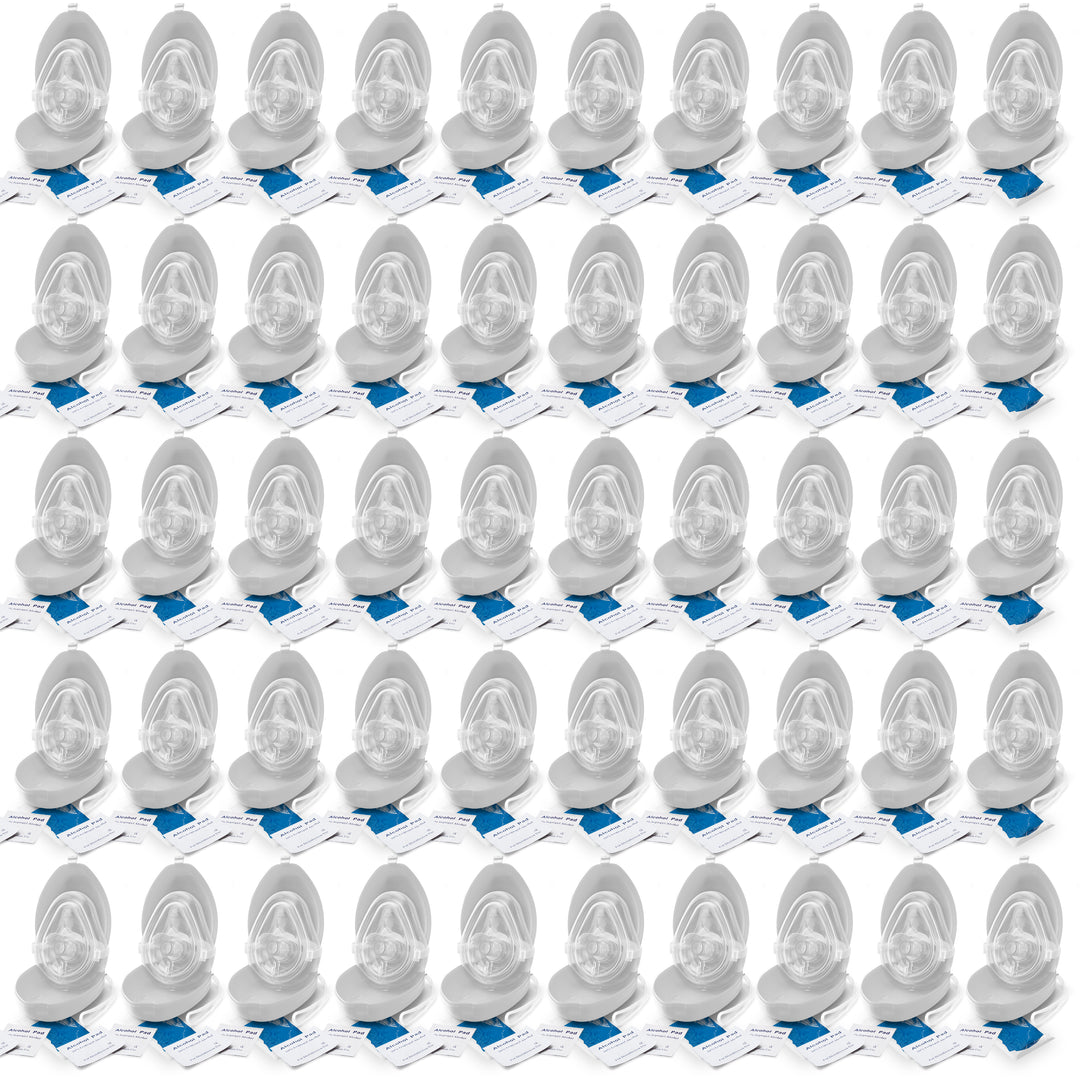 A bulk display of 50 individual CPR rescue mask kits arranged in a grid. Each unit features an open white hard-shell case containing a clear CPR mask, accompanied by two alcohol prep pad packets and a small bag containing blue gloves.