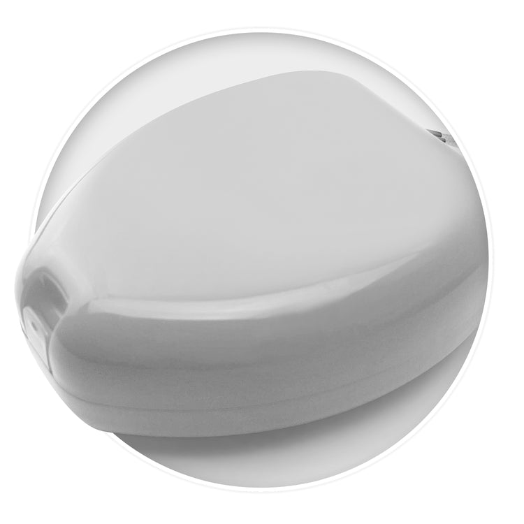 A closed, white, hard-plastic protective case for a CPR mask with a smooth, rounded shape.
