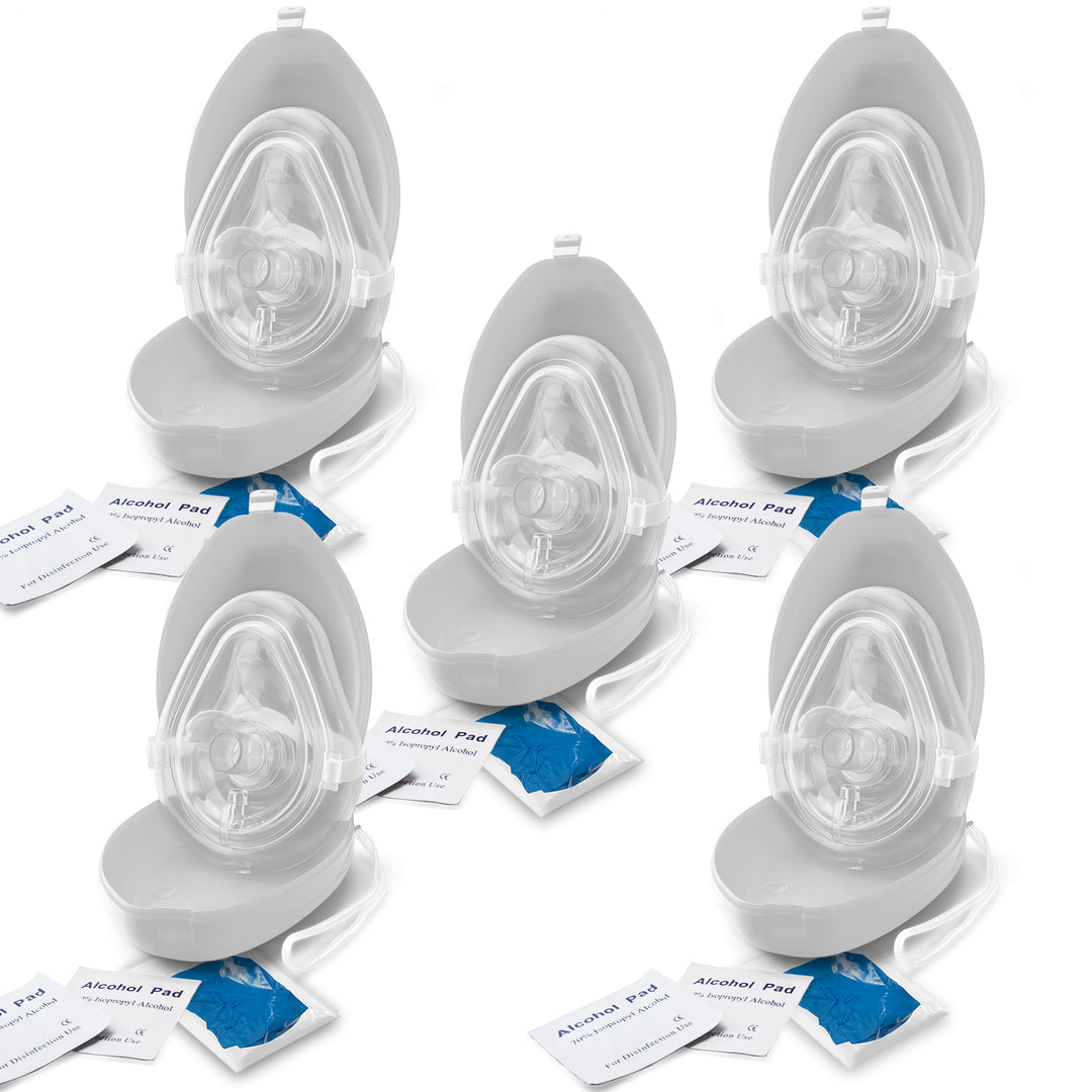 A set of five CPR rescue mask kits arranged in a group, with each kit opened to show the mask, alcohol pads, and gloves.