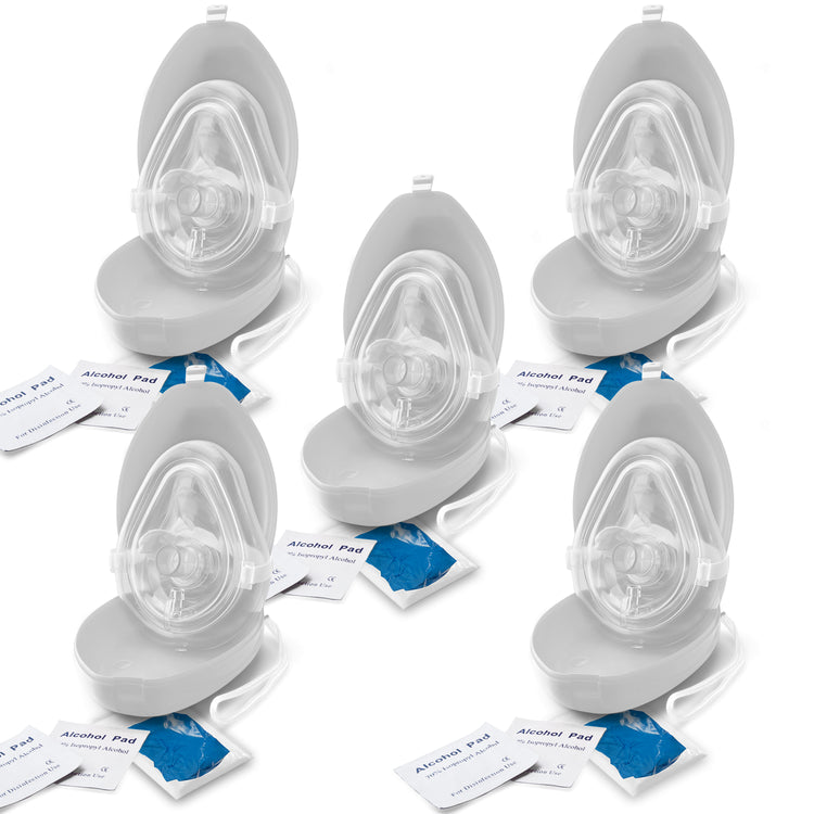 A set of five CPR rescue mask kits arranged in a group, with each kit opened to show the mask, alcohol pads, and gloves.