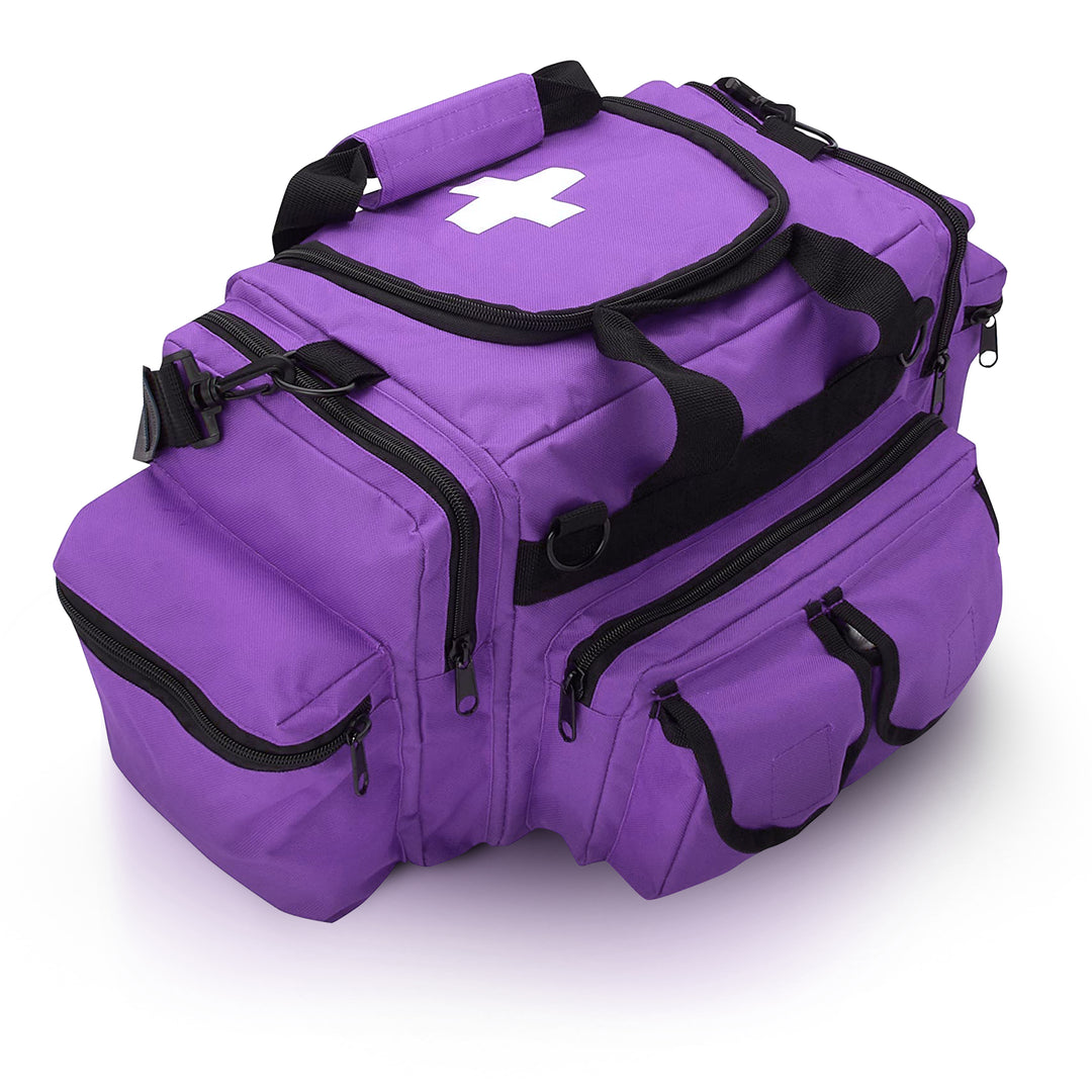 An angled studio view of the purple medical bag, showcasing the depth of the side pocket and the arrangement of the front storage pouches.