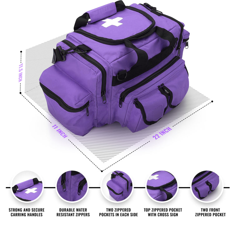 An infographic detailing the dimensions and features of the purple medical bag. Dimensions are listed as 22 inches long, 11 inches wide, and 11.5 inches high. Five circular close-ups at the bottom highlight specific features with the following text: "STRONG AND SECURE CARRYING HANDLES," "DURABLE WATER RESISTANT ZIPPERS," "TWO ZIPPERED POCKETS IN EACH SIDE," "TOP ZIPPERED POCKET WITH CROSS SIGN," and "TWO FRONT ZIPPERED POCKET."