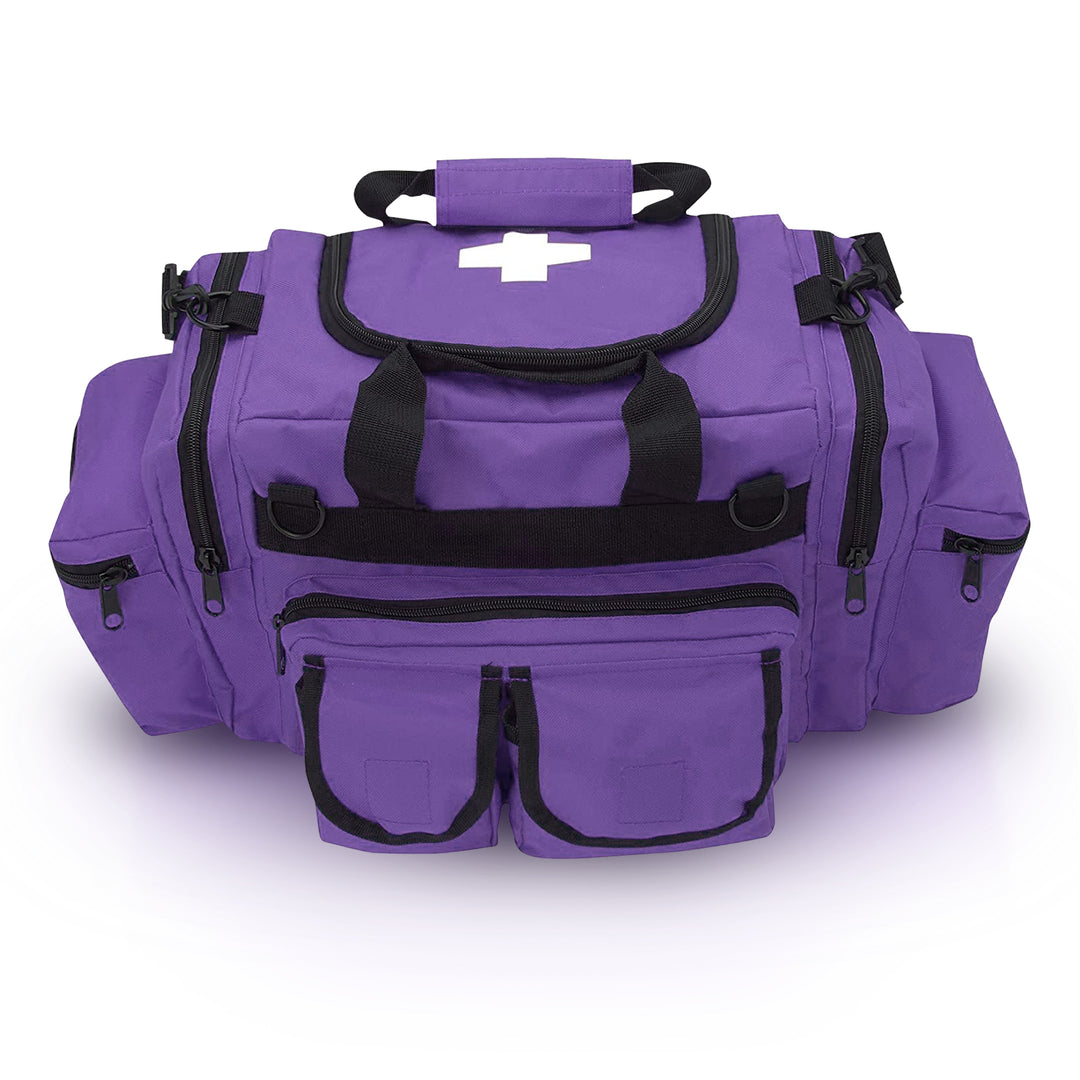 A direct front-facing view of the purple first responder bag, highlighting the two large zippered pouches on the front, the side pockets, and the main handle straps.