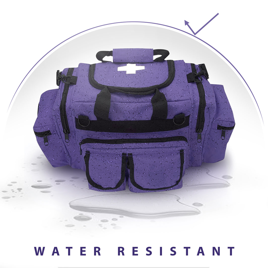 A promotional graphic showing the purple medical bag covered in water droplets to demonstrate its material properties. A shield icon at the top indicates protection, and text at the bottom reads "WATER RESISTANT."