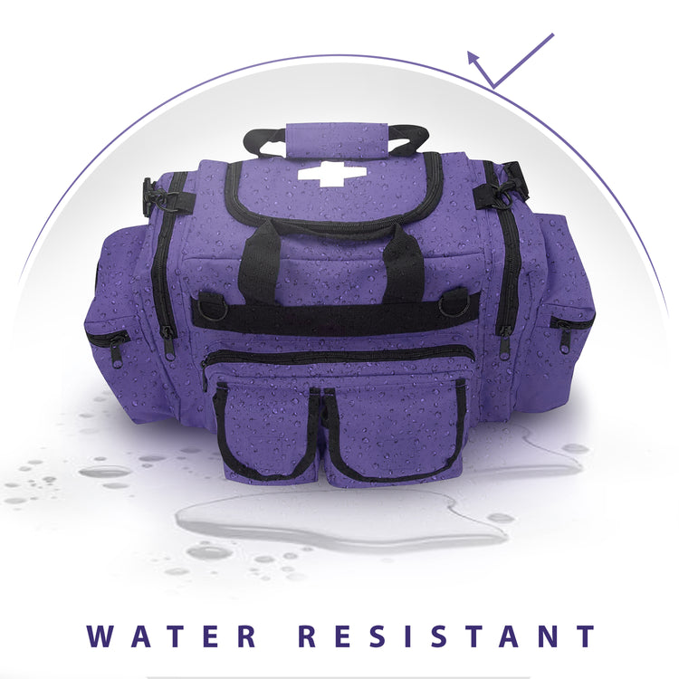 A promotional graphic showing the purple medical bag covered in water droplets to demonstrate its material properties. A shield icon at the top indicates protection, and text at the bottom reads "WATER RESISTANT."