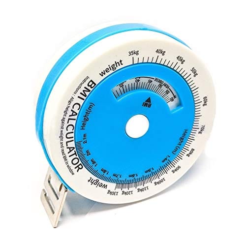 Top view of the BLUE circular BMI calculator and tape measure, showing the central rotating dial for aligning height and weight measurements.