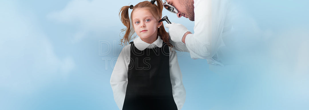 Doctor using an otoscope to examine a child's ear, representing professional medical diagnostic tools and equipment.