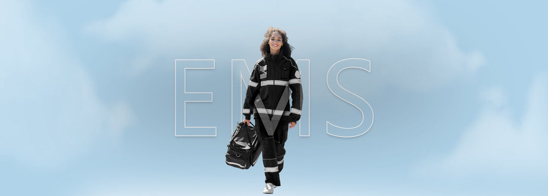 Emergency medical technician (EMT) carrying a trauma response bag, representing EMS, tactical gear, and first aid medical supplies.