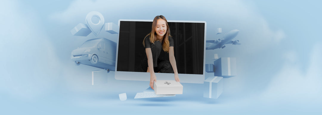 Woman handing a first aid kit box through a computer screen, representing easy online ordering for first aid refills and fast delivery of medical supplies.