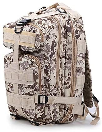 Front view of the Tan Multicam tactical backpack, featuring a durable heavy-duty handle, multiple zippered compartments, and a velcro patch area.