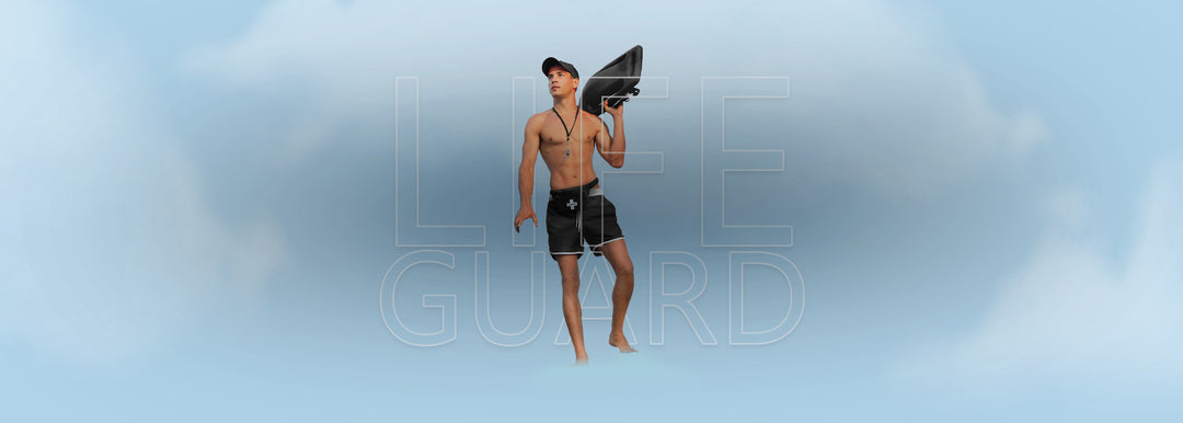Lifeguard holding a rescue tube, representing water safety gear, lifeguard equipment, and CPR rescue supplies.