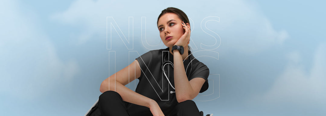 Female nursing student wearing black scrubs and a stethoscope, representing nursing essentials and medical student kits.